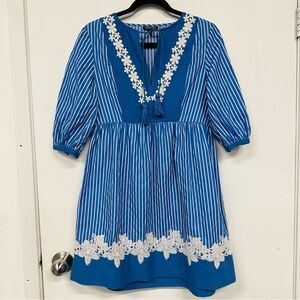 TopShop stripe Folk dress Size 2 blue white stripe lace